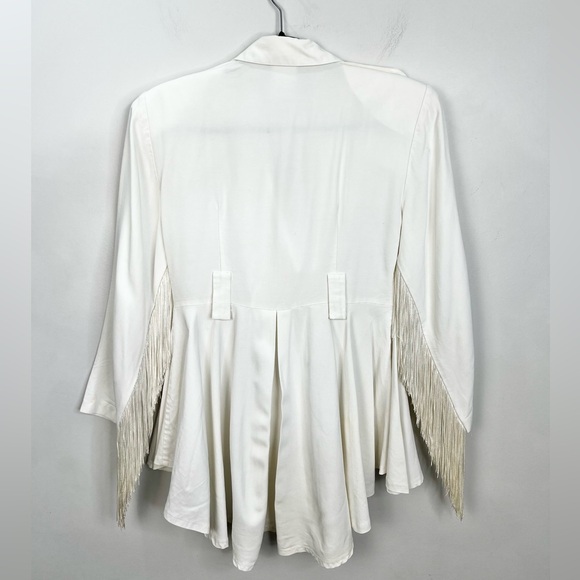 Vtg 80s 90s white power shoulder fringe sleeve military western peplum jacket 3 - Picture 4 of 17